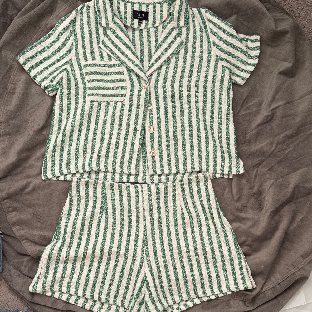 Vici Green and White Striped Knit Short Set